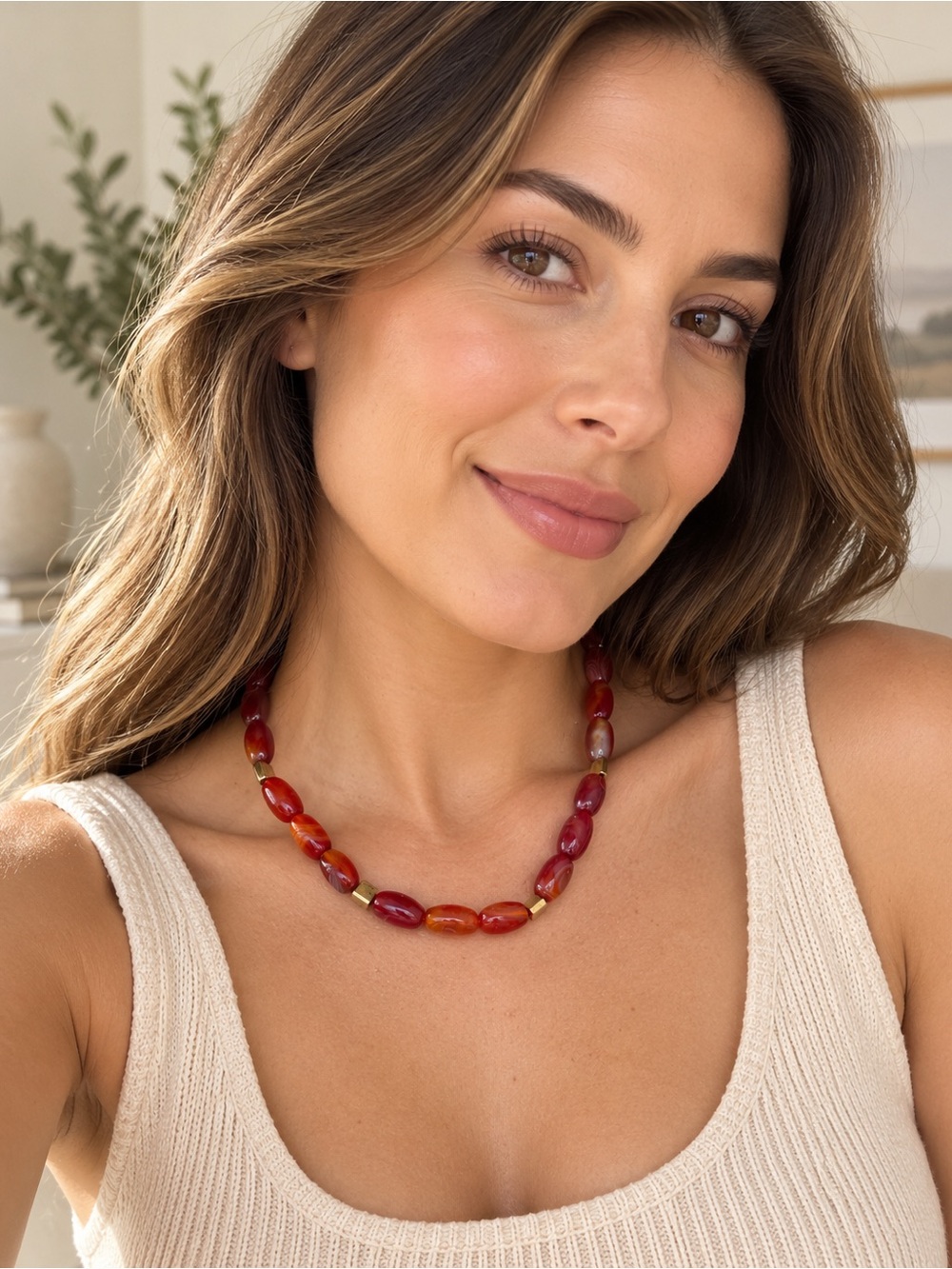 Carnelian Agate Style Red Orange Banded Stone Bead Necklace 18” Boho Artsy Chic